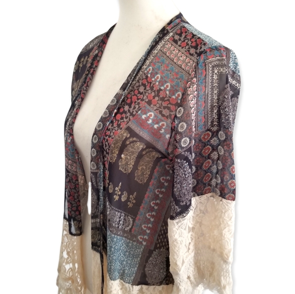 BoHo paisley, lace and fringed topper, semi-sheer, gypsy/hippie chick style sz L - Picture 2 of 9
